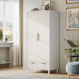 Fluted Wardrobe Closet Armoire with Doors And Drawers, White Wardrobe Cabinet with Hanging Rack, Bedroom Closet Wood, Free Standing Armoire with Shelf and Solid Wood Legs, 31.5"W*19.7"D*69.3"H Fluted Wardrobe Closet Armoire with Doors And Drawers, White Wardrobe Cabinet with Hanging Rack, Bedroom Closet Wood, Free Standing Armoire with Shelf and Solid Wood Legs, 31.5"W*19.7"D*69.3"H