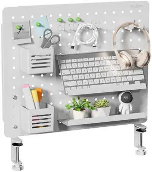 Clamp on Desk Pegboard, 20.4" x 16.5", with 15 Accessories, White | Magnetic Metal Peg Board, Desk Organizer for Office Gaming Home, Privacy Panel, Large Clamp on Desk Pegboard, 20.4" x 16.5", with 15 Accessories, White | Magnetic Metal Peg Board, Desk Organizer for Office Gaming Home, Privacy Panel, Large