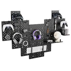 Controller and Headphone Holder Wall Mount, Modular Gaming Pegboard with Accessories, Controller Stand, Disc Shelf Organizer, 14pcs, Black Controller and Headphone Holder Wall Mount, Modular Gaming Pegboard with Accessories, Controller Stand, Disc Shelf Organizer, 14pcs, Black