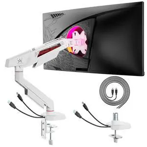 Heavy Duty Single Monitor Arm, Fully Adjustable Single Monitor Mount for 17-40 Inch Flat Curved Ultrawide Screens Up to 26.5lbs with USB A/C, C-Clamp & Grommet Base, 75/100 Vesa Mount, White Heavy Duty Single Monitor Arm, Fully Adjustable Single Monitor Mount for 17-40 Inch Flat Curved Ultrawide Screens Up to 26.5lbs with USB A/C, C-Clamp & Grommet Base, 75/100 Vesa Mount, White
