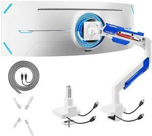 Heavy Duty Ultrawide Monitor Arm - Gas Spring Aluminum Monitor Mount with USB for 24"-57" Curved Screens up to 66 lbs with Clamp/Grommet Desk Mount, 75/100/200 Vesa Mount, White Heavy Duty Ultrawide Monitor Arm - Gas Spring Aluminum Monitor Mount with USB for 24"-57" Curved Screens up to 66 lbs with Clamp/Grommet Desk Mount, 75/100/200 Vesa Mount, White