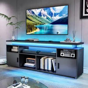 TV Stand, Entertainment Center with LED Lights and Cabinet for 70/75/80 Inch TV, Modern TV Console Gaming Media Television Stands with Power Outlets for PS5 in Living Room and Bedroom, Black TV Stand, Entertainment Center with LED Lights and Cabinet for 70/75/80 Inch TV, Modern TV Console Gaming Media Television Stands with Power Outlets for PS5 in Living Room and Bedroom, Black