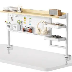 Clamp on Desk Shelf, 44" Desktop Shelving System, White | with Pegboard and Accessories, Desktop Organizer with 2-Tier Shelf, Desk Pegboard for Gaming Office Clamp on Desk Shelf, 44" Desktop Shelving System, White | with Pegboard and Accessories, Desktop Organizer with 2-Tier Shelf, Desk Pegboard for Gaming Office