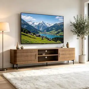 70" Fluted TV Stand for TVs up to 80 Inch, Mid Century Modern Entertainment Center with Storage and Open Shelf, Farmhouse Wooden Media TV Console for Living Room & Bedroom, Walnut 70" Fluted TV Stand for TVs up to 80 Inch, Mid Century Modern Entertainment Center with Storage and Open Shelf, Farmhouse Wooden Media TV Console for Living Room & Bedroom, Walnut