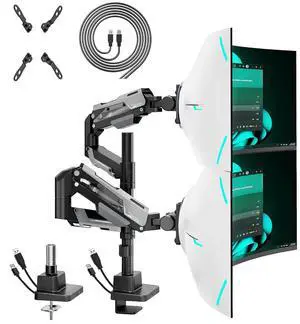 Heavy Duty Gas Spring Dual Monitor Mount, Adjustable Stacked Desk Mount for 2 Ultrawide Screens up to 57 Inch with USB A/C Charging Ports, VESA 75/100/200mm Mount, Black Heavy Duty Gas Spring Dual Monitor Mount, Adjustable Stacked Desk Mount for 2 Ultrawide Screens up to 57 Inch with USB A/C Charging Ports, VESA 75/100/200mm Mount, Black