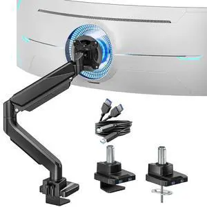 Ultrawide Monitor Arm, Heavy Duty Single Monitor Mount for 13"-49" Curved Screens with USB, Adjustable Stand for Desk with C-clamp & Grommet Base up to 40 LBS, Black Ultrawide Monitor Arm, Heavy Duty Single Monitor Mount for 13"-49" Curved Screens with USB, Adjustable Stand for Desk with C-clamp & Grommet Base up to 40 LBS, Black
