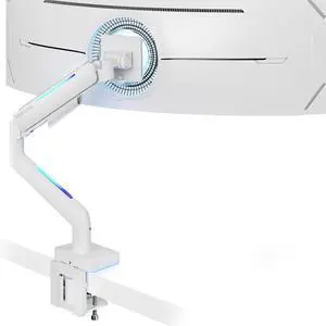 Ultrawide Monitor arm for 17-49'' Heavy Duty Screen up to 44lbs, Gas Spring Single Monitor Arm with RGB Light, Adjustable Gaming Computer Monitor Arm for Desk, White Ultrawide Monitor arm for 17-49'' Heavy Duty Screen up to 44lbs, Gas Spring Single Monitor Arm with RGB Light, Adjustable Gaming Computer Monitor Arm for Desk, White