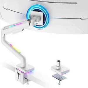 Gas Spring Monitor Arm with RGB, Ultrawide Monitor Mount for 17-49 Inch Heavy Duty Screen up to 44lbs, Adjustable Gaming Computer Single Monitor Arm for Desk, White Gas Spring Monitor Arm with RGB, Ultrawide Monitor Mount for 17-49 Inch Heavy Duty Screen up to 44lbs, Adjustable Gaming Computer Single Monitor Arm for Desk, White