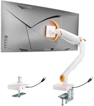 Monitor Arm with RGB, Ultrawide Single Monitor Mount for 17"-49", Heavy Duty Mechanical Spring Monitor Stand Holds up to 44lbs, 75/100 VESA Mount with Clamp/Grommet Base, White Monitor Arm with RGB, Ultrawide Single Monitor Mount for 17"-49", Heavy Duty Mechanical Spring Monitor Stand Holds up to 44lbs, 75/100 VESA Mount with Clamp/Grommet Base, White