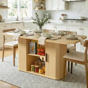 Mid-Centur Dinner Tables for 4/6/8, 70.9" Rectangle Dining Room Table with Large Tabletop and Sliding Tambour Doors, Fluted Dining Table 2-Layer Storage for Kitchen and Living Room, Wood Mid-Centur Dinner Tables for 4/6/8, 70.9" Rectangle Dining Room Table with Large Tabletop and Sliding Tambour Doors, Fluted Dining Table 2-Layer Storage for Kitchen and Living Room, Wood