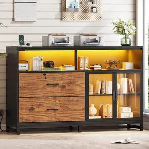 59" File Cabinet, 2 Drawers Filing Cabinets for Home Office fit Legal/Letter/A4 File, File Cabinet with Lock & Power Outlets, Printer Stand with Storage & LED Lights, Rustic Brown 59" File Cabinet, 2 Drawers Filing Cabinets for Home Office fit Legal/Letter/A4 File, File Cabinet with Lock & Power Outlets, Printer Stand with Storage & LED Lights, Rustic Brown