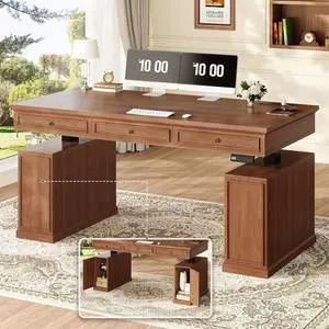 Farmhouse Electric Standing Desk with 3 Drawers, 55.1" Height Adjustable Executive Office Desk with Storage Cabinet, Computer Sit Stand Up Desk with Power Outlets for Home Office (Brown) Farmhouse Electric Standing Desk with 3 Drawers, 55.1" Height Adjustable Executive Office Desk with Storage Cabinet, Computer Sit Stand Up Desk with Power Outlets for Home Office (Brown)