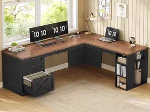Farmhouse 67" L Shaped Desk with 3 Drawers, Home Office Desks with Storage Shelves, Corner Computer Desk with Power OutletsExecutive Desk for Home Office, Black and Brown Farmhouse 67" L Shaped Desk with 3 Drawers, Home Office Desks with Storage Shelves, Corner Computer Desk with Power OutletsExecutive Desk for Home Office, Black and Brown