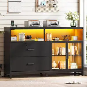 59" File Cabinet, 2 Drawers Filing Cabinets for Home Office fit Legal/Letter/A4 File, File Cabinet with Lock & Power Outlets, Printer Stand with Storage & LED Lights, Black 59" File Cabinet, 2 Drawers Filing Cabinets for Home Office fit Legal/Letter/A4 File, File Cabinet with Lock & Power Outlets, Printer Stand with Storage & LED Lights, Black