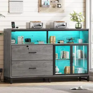 59" File Cabinet, 2 Drawers Filing Cabinets for Home Office fit Legal/Letter/A4 File, File Cabinet with Lock & Power Outlets, Printer Stand with Storage & LED Lights, Grey 59" File Cabinet, 2 Drawers Filing Cabinets for Home Office fit Legal/Letter/A4 File, File Cabinet with Lock & Power Outlets, Printer Stand with Storage & LED Lights, Grey