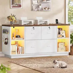 55" File Cabinet with Lock, Large 3 Drawers Filing Cabinets for Home Office, Lockable Printer Stand with Storage, Power Strip, LED Light & Pegboard, White + Brown 55" File Cabinet with Lock, Large 3 Drawers Filing Cabinets for Home Office, Lockable Printer Stand with Storage, Power Strip, LED Light & Pegboard, White + Brown