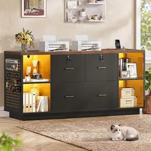 55" File Cabinet with Lock, Large 3 Drawers Filing Cabinets for Home Office, Lockable Printer Stand with Storage, Power Strip, LED Light & Pegboard, Black + Brown 55" File Cabinet with Lock, Large 3 Drawers Filing Cabinets for Home Office, Lockable Printer Stand with Storage, Power Strip, LED Light & Pegboard, Black + Brown