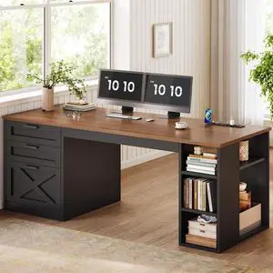 55.1" Farmhouse Office Desk with 3 Drawers, Executive Desk with File Drawer & Storage Shelves, Computer Desk with Power Outlet for Home Office, Black and Brown 55.1" Farmhouse Office Desk with 3 Drawers, Executive Desk with File Drawer & Storage Shelves, Computer Desk with Power Outlet for Home Office, Black and Brown