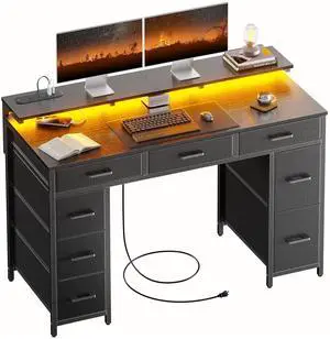 47 inch Computer Desk with 8 Storage Drawers, Gaming Desk with LED Lights & USB Power Outlets, Home Office Table with Monitor Stand, Study Writing Work Table for Bedroom, Black 47 inch Computer Desk with 8 Storage Drawers, Gaming Desk with LED Lights & USB Power Outlets, Home Office Table with Monitor Stand, Study Writing Work Table for Bedroom, Black