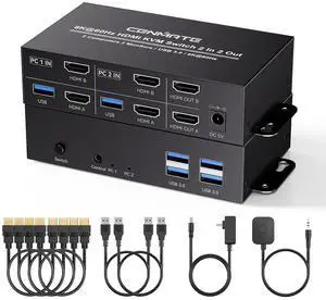 8K@60Hz HDMI KVM Switch 2 Monitors 2 Computers, with 4 USB 3.0 Ports for 2 Computers Sharing Dual Monitors Keyboard Mouse Printer with 4 HDMI Cables, 2 USB Cables, Power Adapter and Controller 8K@60Hz HDMI KVM Switch 2 Monitors 2 Computers, with 4 USB 3.0 Ports for 2 Computers Sharing Dual Monitors Keyboard Mouse Printer with 4 HDMI Cables, 2 USB Cables, Power Adapter and Controller