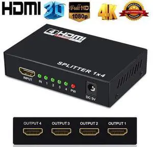 HDMI Splitter 1 in 4 out Full Ultra HD 1080P 4K/2K 1X4 Port Box Hub with Power Adapter v1.4 Powered Certified for 3D Support HDMI Splitter 1 in 4 out Full Ultra HD 1080P 4K/2K 1X4 Port Box Hub with Power Adapter v1.4 Powered Certified for 3D Support
