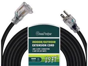 15 FT Black Extension Cord with Lighted End, 12 AWG 3 Prong Indoor Outdoor Heavy Duty Waterproof Power Cable for Major Appliance, 12/3 SJTW UL Listed 15 FT Black Extension Cord with Lighted End, 12 AWG 3 Prong Indoor Outdoor Heavy Duty Waterproof Power Cable for Major Appliance, 12/3 SJTW UL Listed