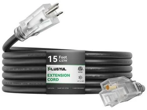 Outdoor Extension Cord 15FT, 12 Gauge Extension Cord with Lighted End, Heavy Duty,15A 1875W SJTW, ETL Listed, Great for Garden and Home, Black Outdoor Extension Cord 15FT, 12 Gauge Extension Cord with Lighted End, Heavy Duty,15A 1875W SJTW, ETL Listed, Great for Garden and Home, Black