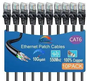 Cat 6 Ethernet Cable 5FT 10Pack, Cat6 Ethernet Patch Cable 10Gbps, High-Speed UTP Cat6 Network Cable Pure Copper, Cat 6 Cable for Home and Office Network, Black Cat 6 Ethernet Cable 5FT 10Pack, Cat6 Ethernet Patch Cable 10Gbps, High-Speed UTP Cat6 Network Cable Pure Copper, Cat 6 Cable for Home and Office Network, Black