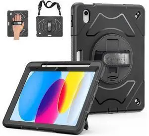 Case for iPad 10th Generation 2022: iPad 10.9 Case Military Grade Heavy Duty Shockproof Cover for iPad 10.9 Inch 2022 Hand/Shoulder Strap - Rotating Stand - Black Case for iPad 10th Generation 2022: iPad 10.9 Case Military Grade Heavy Duty Shockproof Cover for iPad 10.9 Inch 2022 Hand/Shoulder Strap - Rotating Stand - Black