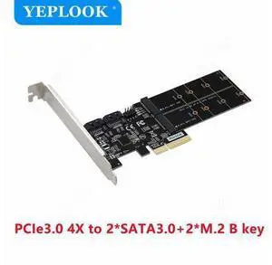 PCIe3.0 4X to 2x SATA3.0 + 2x M.2 B Key NGFF SSD PCI-E to SATAIII 6Gbps Controller Adapter Expansion Card for Desktop HDD SSD PCIe3.0 4X to 2x SATA3.0 + 2x M.2 B Key NGFF SSD PCI-E to SATAIII 6Gbps Controller Adapter Expansion Card for Desktop HDD SSD