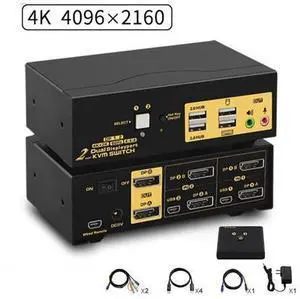 2 Port Dual Monitor Displayport KVM Switch, DP KVM Switch with Audio, with USB 2.0 Hub and Cables Support Hotkey Switching Resolution Up to 4096x2160 @60Hz 4:4:4 2 Port Dual Monitor Displayport KVM Switch, DP KVM Switch with Audio, with USB 2.0 Hub and Cables Support Hotkey Switching Resolution Up to 4096x2160 @60Hz 4:4:4
