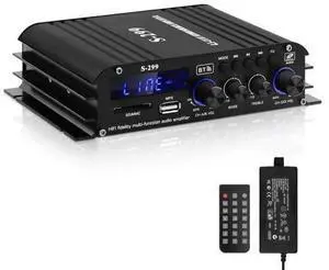 Audio Power Amplifier for Home Speakers -S-299 Bluetooth 5.0 Power Amp 4.1 Channel RMS 40Wx4 Subwoofer AMP DC 12V/5A Mini Integrated Digital Amplifier with USB/SD & AUX Jack Audio Power Amplifier for Home Speakers -S-299 Bluetooth 5.0 Power Amp 4.1 Channel RMS 40Wx4 Subwoofer AMP DC 12V/5A Mini Integrated Digital Amplifier with USB/SD & AUX Jack
