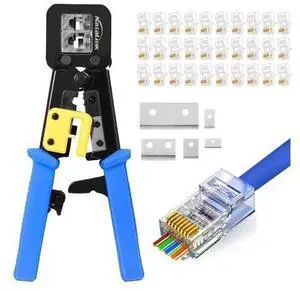 Pass Through RJ45 Crimp Tool Cat 6 Cat 5E Cat 5 Ethernet Crimper All-in-One RJ45 Crimping Tool with 30 Pcs Cat6 RJ45 Pass Thru Connector and Replacement Blade Pass Through RJ45 Crimp Tool Cat 6 Cat 5E Cat 5 Ethernet Crimper All-in-One RJ45 Crimping Tool with 30 Pcs Cat6 RJ45 Pass Thru Connector and Replacement Blade