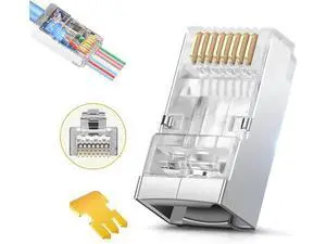 Shielded RJ45 Cat6 Cat 6A Connectors - Pass Through Connector Gold Plated 3 Prong 8P8C Modular Plugs for FTP/STP Stranded Ethernet Cable & Solid Wire - 50 Pcs/Jar Shielded RJ45 Cat6 Cat 6A Connectors - Pass Through Connector Gold Plated 3 Prong 8P8C Modular Plugs for FTP/STP Stranded Ethernet Cable & Solid Wire - 50 Pcs/Jar