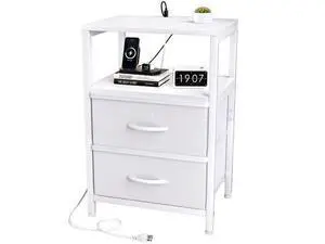 Side End Table with Charging Station, Tall Nightstand Bedside Table with Fabric Drawers for Living, White Side End Table with Charging Station, Tall Nightstand Bedside Table with Fabric Drawers for Living, White