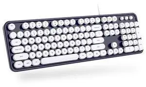 MOWUX Computer Keyboard Wired, Plug Play USB Retro Round Typewriter Keyboard, Full Size Wired Keyboard with Foldable Stands for Laptop and Office PC MOWUX Computer Keyboard Wired, Plug Play USB Retro Round Typewriter Keyboard, Full Size Wired Keyboard with Foldable Stands for Laptop and Office PC