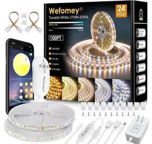 White LED Strip Lights 100ft Dimmable LED Light Strip Warm White to Cool 2700K-6500K Bright 24V LED Tape Light with Remote App Control Led Lights for Bedroom Kitchen Ceiling White LED Strip Lights 100ft Dimmable LED Light Strip Warm White to Cool 2700K-6500K Bright 24V LED Tape Light with Remote App Control Led Lights for Bedroom Kitchen Ceiling