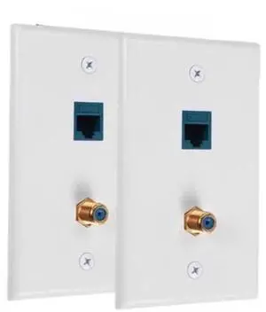 2 Pack Ethernet Coax Wall Plate Jack with 1 6S Port and 1 Gold Plated Coax F-Type Port RJ45 Wall Plate 2 Pack Ethernet Coax Wall Plate Jack with 1 6S Port and 1 Gold Plated Coax F-Type Port RJ45 Wall Plate