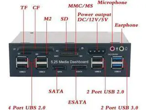 5.25 Inch All-in-One Media Dashboard, Internal Optical Drive Bay Front Panel with eSATA, USB 3.0, Multi Card Reader and HD Audio Port for Desktop PC 5.25 Inch All-in-One Media Dashboard, Internal Optical Drive Bay Front Panel with eSATA, USB 3.0, Multi Card Reader and HD Audio Port for Desktop PC