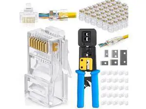 2 Items Bundle: RJ45 Crimping Tool Kit + 200 Pack Cat6 Pass Through RJ45 Connectors, Professional Ethernet Crimp Tool Set for Cat6 Cat5e Network Cable Wiring 2 Items Bundle: RJ45 Crimping Tool Kit + 200 Pack Cat6 Pass Through RJ45 Connectors, Professional Ethernet Crimp Tool Set for Cat6 Cat5e Network Cable Wiring