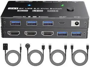 2 Port 8K@60Hz HDMI KVM Switch, 2 Computers Share 1 Monitor Keyboard Mouse, Single Screen HDMI KVM Switcher with Power Adapter, Wired Extension Controller & USB 3.0 Cables 2 Port 8K@60Hz HDMI KVM Switch, 2 Computers Share 1 Monitor Keyboard Mouse, Single Screen HDMI KVM Switcher with Power Adapter, Wired Extension Controller & USB 3.0 Cables