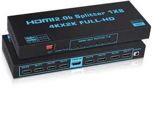 1x8 HDMI Splitter 4K@60Hz HDMI 2.0b, 1 in 8 Out Audio Video Distributor Box with EDID & Power Adapter, Support 3D HDCP2.2 18.5Gbps Compatible with PS5 Fire Stick PC 1x8 HDMI Splitter 4K@60Hz HDMI 2.0b, 1 in 8 Out Audio Video Distributor Box with EDID & Power Adapter, Support 3D HDCP2.2 18.5Gbps Compatible with PS5 Fire Stick PC
