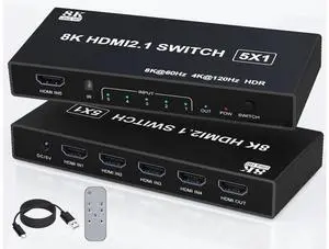 5 in 1 Out 8K HDMI 2.1 Switch with Remote, 4K@120Hz HDMI Port Expander Selector, Support 3D HDR HDCP2.3, Compatible with PS5 PS4 Xbox Switch DVD Player TV PC 5 in 1 Out 8K HDMI 2.1 Switch with Remote, 4K@120Hz HDMI Port Expander Selector, Support 3D HDR HDCP2.3, Compatible with PS5 PS4 Xbox Switch DVD Player TV PC