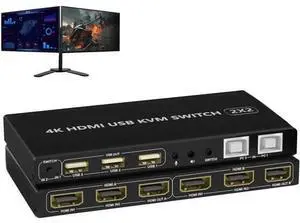 2 Port Dual Monitor KVM Switch 4K@60Hz, 2 in 2 Out HDMI KVM Switch with Audio Port, 3 USB 2.0 Hub, Black Manual Toggle Switch with ON-NONE-ON Operation Mode 2 Port Dual Monitor KVM Switch 4K@60Hz, 2 in 2 Out HDMI KVM Switch with Audio Port, 3 USB 2.0 Hub, Black Manual Toggle Switch with ON-NONE-ON Operation Mode