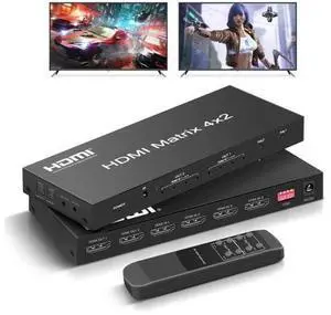 4x2 HDMI Matrix Switch 4 in 2 Out, HDMI Video Switcher Splitter with Optical & L/R Audio Output, Ultra HD 4K 3D 1080P EDID Audio Extractor, Includes IR Remote Control 4x2 HDMI Matrix Switch 4 in 2 Out, HDMI Video Switcher Splitter with Optical & L/R Audio Output, Ultra HD 4K 3D 1080P EDID Audio Extractor, Includes IR Remote Control