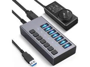 36W 7-Port USB 3.0 Hub, Aluminum Alloy USB Splitter with Independent On/Off Switches, 5Gbps High-Speed Data Transfer, 12V/3A Power Adapter, Compatible with Laptop, PC, External Mobile HDD 36W 7-Port USB 3.0 Hub, Aluminum Alloy USB Splitter with Independent On/Off Switches, 5Gbps High-Speed Data Transfer, 12V/3A Power Adapter, Compatible with Laptop, PC, External Mobile HDD