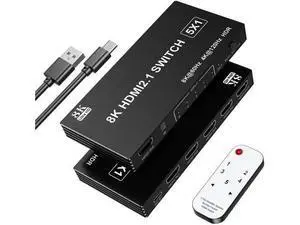 5 in 1 Out HDMI 2.1 Switch 8K@60Hz, 4K@120Hz 48Gbps HDMI Switcher with Remote, Support HDR10+ Dolby Vision Atmos HDCP 2.3 CEC, Compatible with PS5 PS4 Xbox TV Game PC Roku 5 in 1 Out HDMI 2.1 Switch 8K@60Hz, 4K@120Hz 48Gbps HDMI Switcher with Remote, Support HDR10+ Dolby Vision Atmos HDCP 2.3 CEC, Compatible with PS5 PS4 Xbox TV Game PC Roku