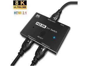 HDMI 2.1 2x1 Switch, Ultra HD 8K@60Hz 4K@120Hz Switcher, 2 HDMI Sources to 1 Display Port Adapter HDMI 2.1 2x1 Switch, Ultra HD 8K@60Hz 4K@120Hz Switcher, 2 HDMI Sources to 1 Display Port Adapter