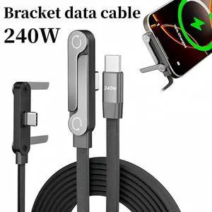 Gaming USB-C Cable 240W Fast Charge, Built-In 360° Rotatable Foldable Phone Stand, T-Shaped 90° Elbow Braided Type C Data Cable for Play While Charging Gaming USB-C Cable 240W Fast Charge, Built-In 360° Rotatable Foldable Phone Stand, T-Shaped 90° Elbow Braided Type C Data Cable for Play While Charging