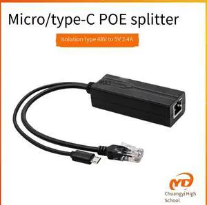 Micro/Type-C 48V to 5V PoE splitter standard isolated power supply 48V to 5V Micro connector Gigabit Ethernet 2.4A Micro/Type-C 48V to 5V PoE splitter standard isolated power supply 48V to 5V Micro connector Gigabit Ethernet 2.4A